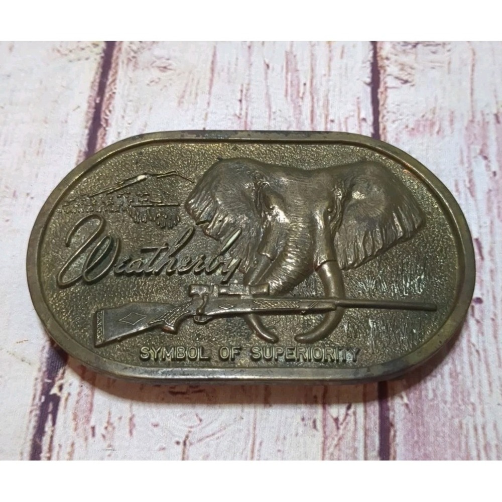 Weatherby Magnum Calibers Elephant Rifle Belt Buckle Solid Brass Vintage USA